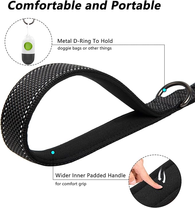 PetiFine 5FT Heavy Duty Dog Leash with Soft Padded Double Handle, Durable Strong Clasp Dog Leashes, Reflective Nylon Walking Lead for Large,Medium,Small Breed Dogs, Black