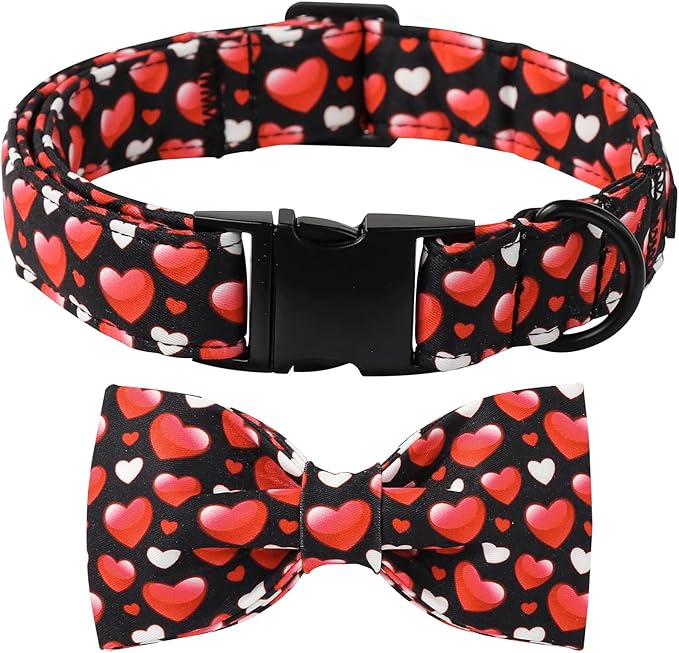 Lionet Paws Valentine's White Dog Collar, Cute Heart Black Dog Collar for Large Dogs, Adjustable Cotton Love Pet Collars for Medium Large Dogs