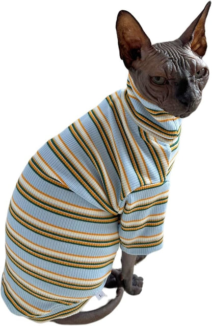 Turtle Neck Vintage Stripes Sphynx Hairless Cat Cotton T-Shirts Pet Clothes Vest Kitten Shirts Sleeveless, Cats & Small Dogs Apparel (Light Blue, XL (9-12.5 lbs))