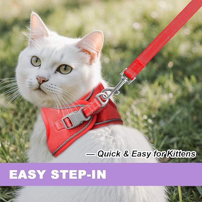Cat Harness and Leash Set,Escape Proof Kitten Harness,Step in Adjustable Soft Lightweight,Easy Control,Reflective Strips Comfortable for Walking Travel(Red,XS)