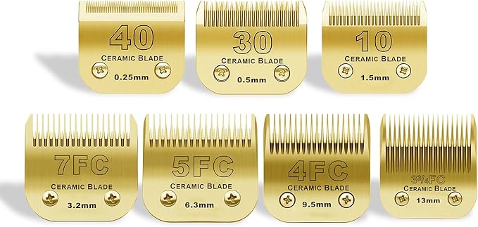 DODAER 7 Pack Detachable Pet Dog Grooming Clipper Ceramic Blades Set,Compatible with Andis,Oster A5,Wahl KM10 Series Clippers,Gold (10+30+40+7FC+5FC+4FC+3FC)