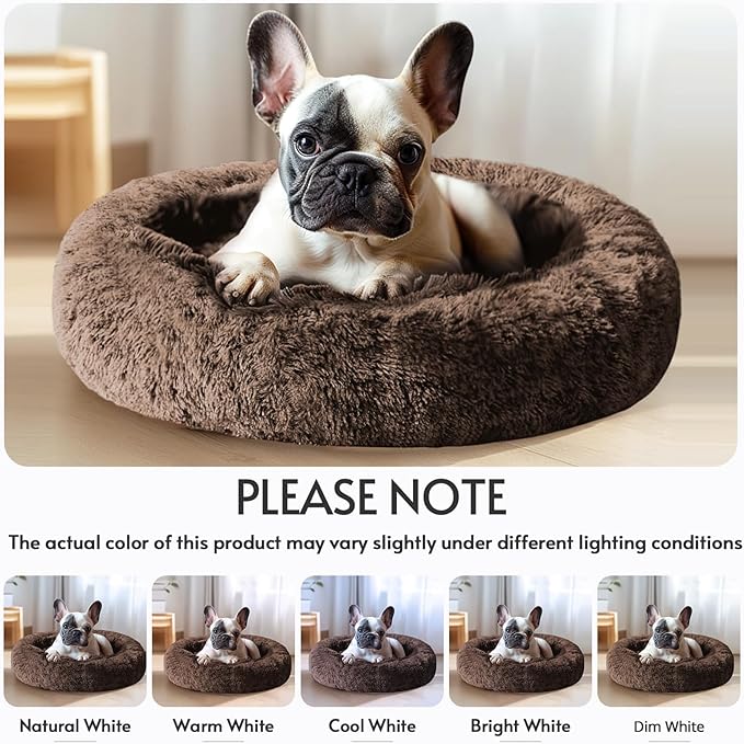 JOLLYVOGUE Calming Dog Bed Medium Size Dog, Anti-Anxiety Donut Medium Pet Bed, 27 inches Fluffy Faux Fur Round Cat Bed (Coffee)
