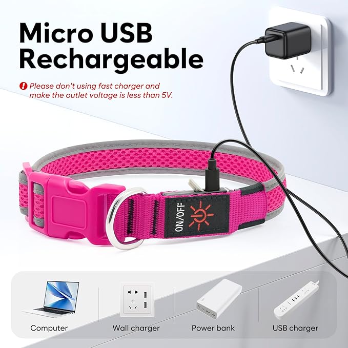 Flashseen LED Dog Collar, USB Rechargeable Light Up Dog Collar Lights, Adjustable Comfortable Soft Mesh Safety Pet Collar for Small, Medium, Large Dogs (Large, Candy Pink)