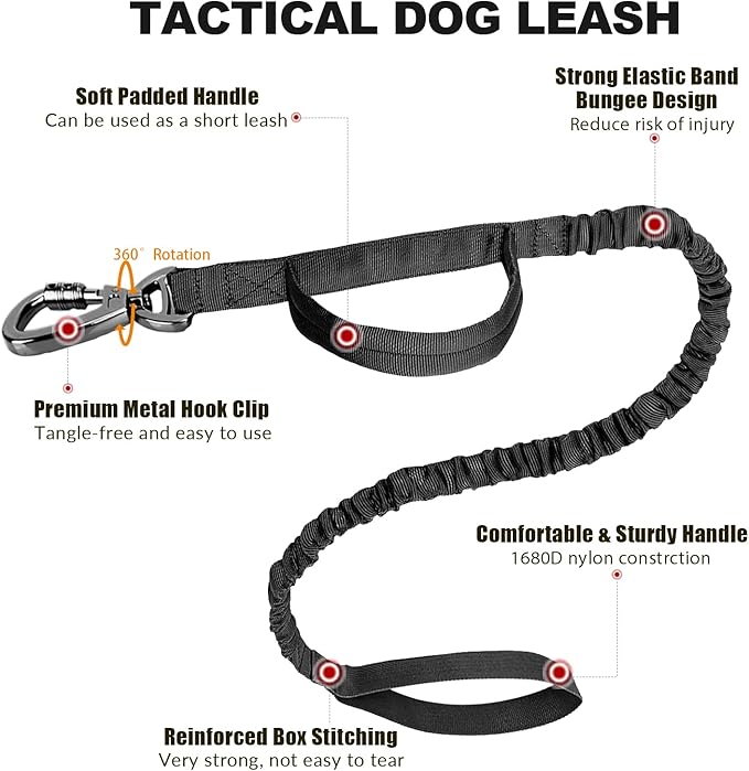 Tactical Dog Collar and Bungee Leash,Military Dog Collar & Leash Set with USA American Flag Adjustable K9 Collar with Heavy Duty Metal Buckle & Handle,with Patches and Airtags Case (L, Black)
