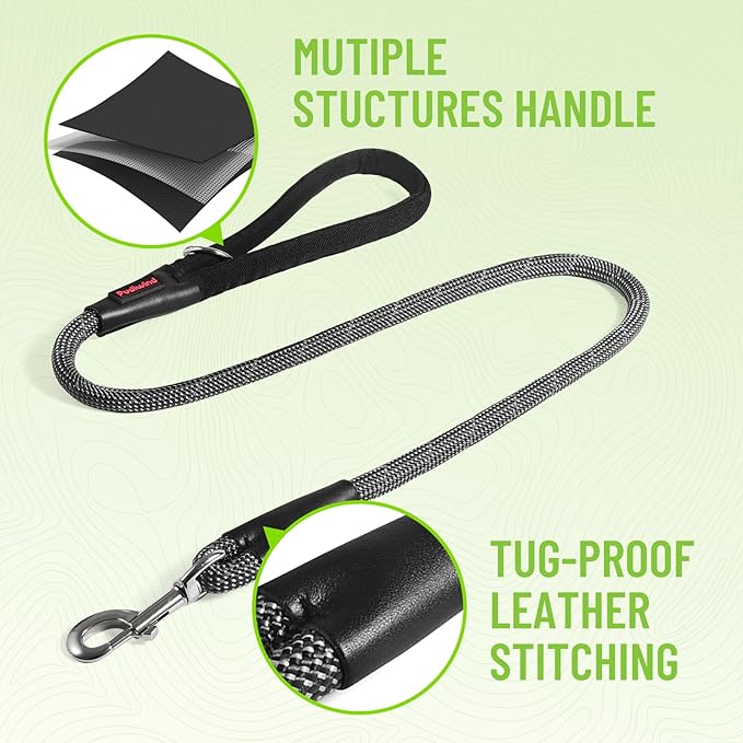 Rope Dog Leash 4 FT, 1/2 Inch Heavy Duty Round Dog Leash with Soft Padded Non-Slip Handle, Reflective Nylon Rope & Strong Metal Clip for Medium Large Giant Dogs,Black