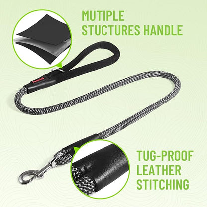 Rope Dog Leash 4 FT, 1/2 Inch Heavy Duty Round Dog Leash with Soft Padded Non-Slip Handle, Reflective Nylon Rope & Strong Metal Clip for Medium Large Giant Dogs,Black