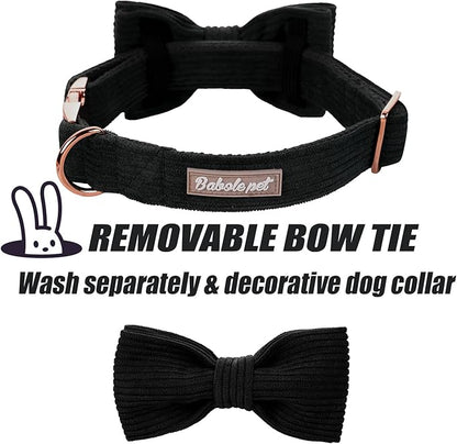 Black Dog Collars for Medium Dog,Cute Corduroy Dog Collar with Bow Tie Safety Metal Buckle Adjustable Puppy Collars for Small Medium Large Boy&Girl Dogs,M-Neck 13.5"-22"