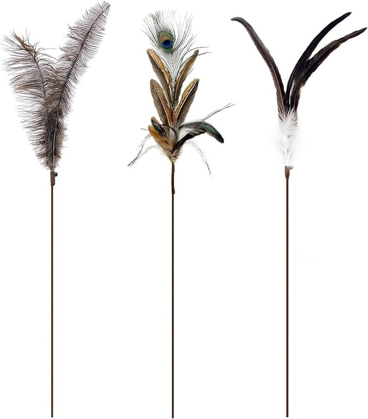 TTcat Cat Wand Toys Natural Huge Feather Stick Toys,3 Pcs Extra Long Teaser Sticks with Different Feathers (Ostrich, Peacock, Chicken),Interactive Toys for Indoor Cat and Kitten.
