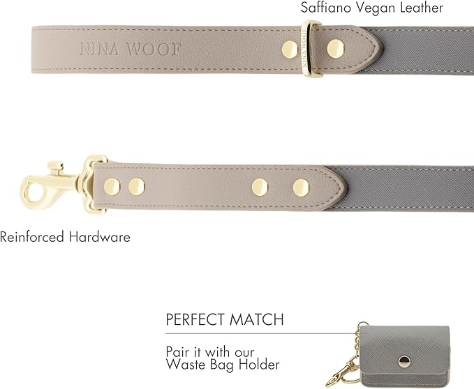 Nina Woof London Vegan Leather Dog Lead (4ft) Padded Luxury - Large & Medium Dogs, Ideal Long Leash (Grey Over Beige)