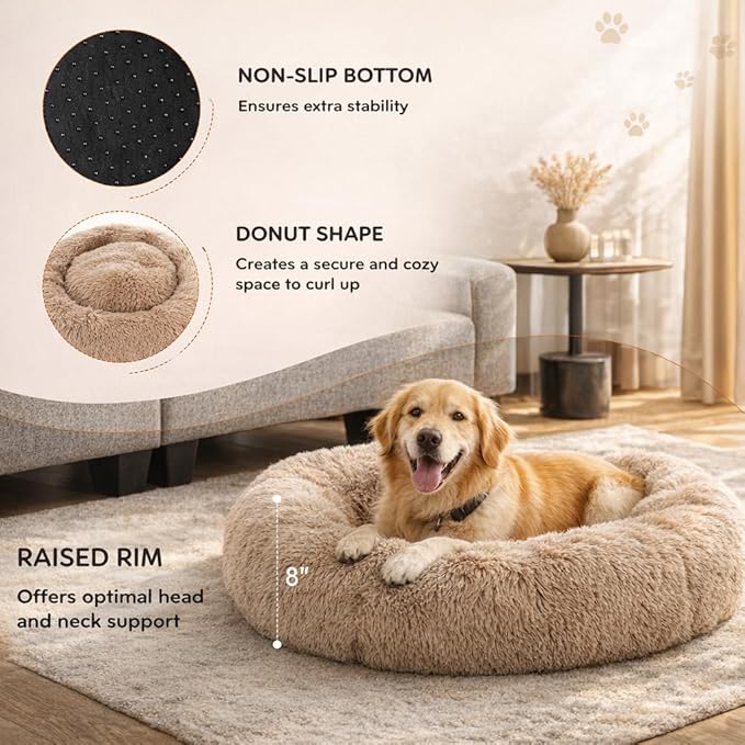 Dog & Cat Bed for Indoor Cats, 37in Calming Donut Pillow mat for Puppy and Kitten, Washable Cooling Round Fluffy Pet Nest for Small Medium Dogs and Cats, Brown