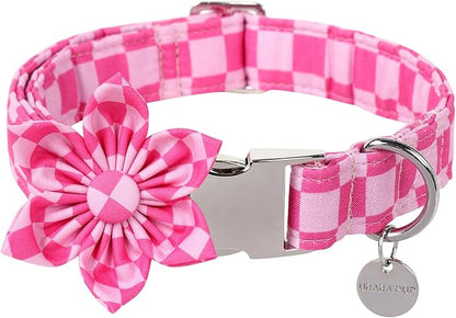 Dog Collar with Flower, UP URARA PUP Cute Pink Dog Bowtie Collar, Detachable Flower Bow Puppy Collar with Metal Buckle for Dogs,M