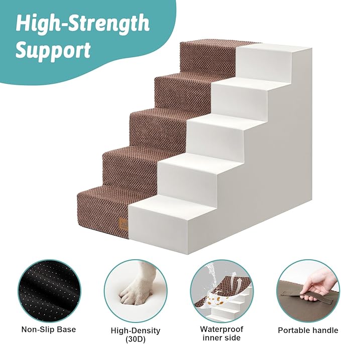 COZY KISS Dog Stairs for Small Dogs 5-Step, 19.7" Extra Wide Right-Angle Pet Stairs for Couch and Beds, Anti-Slip Dog Steps for Old Cats and Lowrider, 19.7x29.5x23.6 inch, Brown