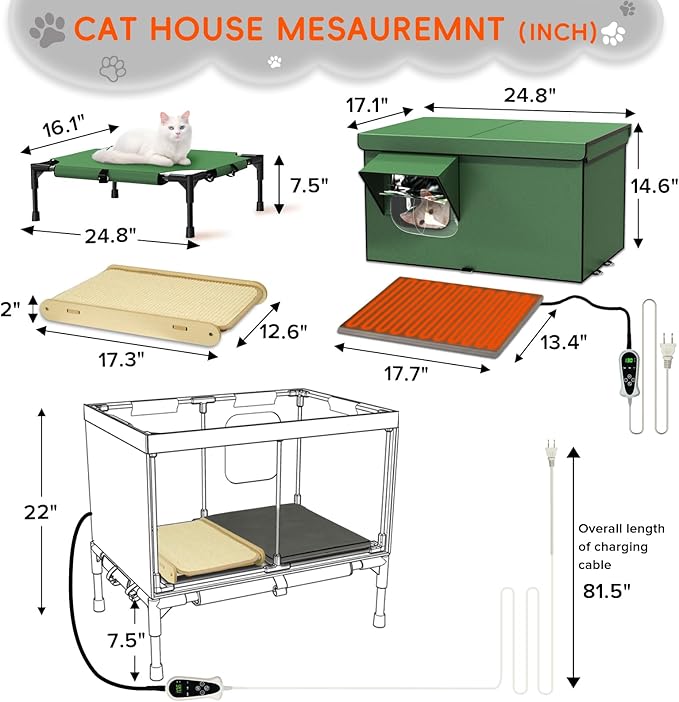 4-in-1 Heated Outdoor Cat House 24.8×22×16.1 inch Weatherproof with Heating Pad, Scratching Bed and Elevated Bed, Waterproof Windproof TPU Rain Cover, Large size Heated Cat House for Outdoor Cats