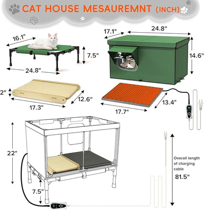 4-in-1 Heated Outdoor Cat House 24.8×22×16.1 inch Weatherproof with Heating Pad, Scratching Bed and Elevated Bed, Waterproof Windproof TPU Rain Cover, Large size Heated Cat House for Outdoor Cats