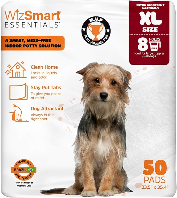 WizSmart Essentials Pads XL – Extra Large Dog Pads 23.5" x 35.4", Disposable Absorbent Pads for Large Dogs, Puppies, Senior Dogs, Incontinence, Urine, Water, Potty Training, Home, Travel - 50 Count
