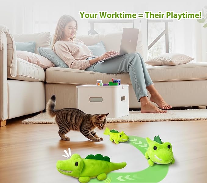 ZeLing HTL Interactive Cat Toys for Indoor Cats - Self-Charging Croc Chase Toy with 360° Motion, Wagging Tail & Catnip, Automatic Exercise Toy for Bored Kittens/Adults(Smooth Fur)