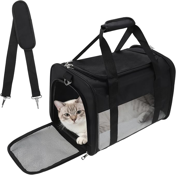 RENEWREVITAL Pet Carrier, Breathable Mesh Design, Soft Cat Carrier with Shoulder Strap, Comfortable Travel Solution, Black