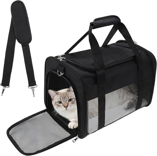 RENEWREVITAL Pet Carrier, Breathable Mesh Design, Soft Cat Carrier with Shoulder Strap, Comfortable Travel Solution, Black