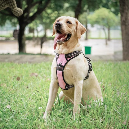 PoyPet No Pull Dog Harness, [Release on Neck] Reflective Adjustable No Choke Pet Vest with Front & Back 2 Leash Attachments, Soft Control Training Handle for Small Medium Large Dogs(Light Pink,S)