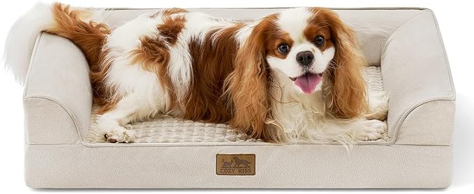 COZY KISS Orthopedic Dog Bed for Small Medium Size Dogs, Bolster Pet Couch with Waterproof Lining, Egg Crate Foam Sofa for Pets Up to 30 lbs, U-Shaped, 30x20x6.5 inch, Beige