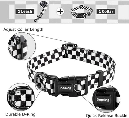 Ihoming Dog Collar and Leash Set for Daily Outdoor Walking Running Training, Chess Board Design for Large Boys Girls Dogs Cats Pets, L-Up to 80LBS