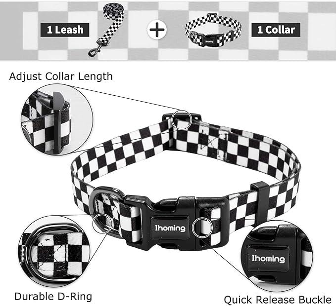 Ihoming Puppy Collar and Leash Set for Daily Outdoor Walking Running Training, Chess Board Design for Extra Small Boys Girls Dogs Cats Pets, XS-Up to 10LBS