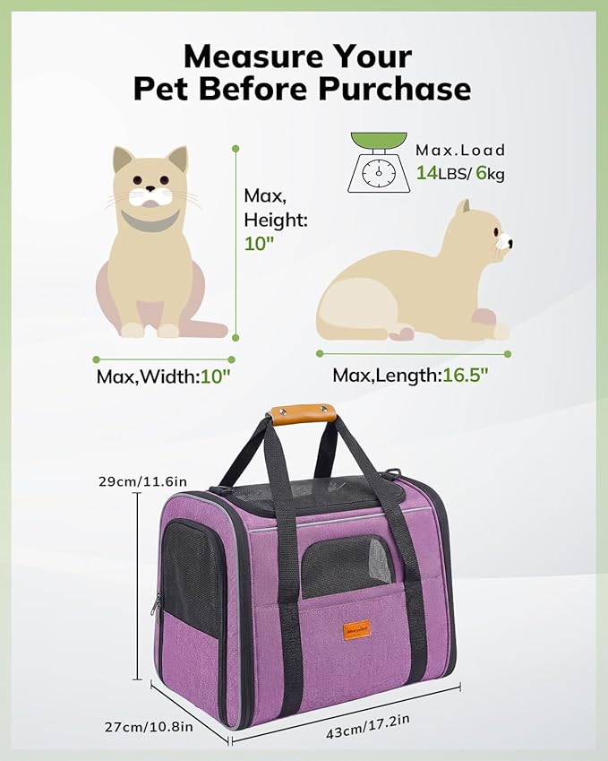 Morpilot Cat Carrier - Cat Carrier Soft for Medium or Large Cats up to 18lbs, with Dual-Sided Cushion, Secure Buckle and Foldable Bowl, Dog Carriers for Small Dogs(Purple)-17.3" L x 12.2" W x 13.4" H