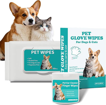 LEOARWE Pet Wipes 3-in-1 Kit for Dogs & Cats - Pet Cleaning Gloves, Ear Cleaner Finger Wipes & Body Wipes, Hypoallergenic Thickened Formula, Deodorizing & Rinse-Free for Grooming Travel
