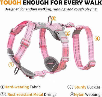 Huntboo Escape Proof Dog Harness – No Pull, No Slip, Fully Reflective, Adjustable 7-Point Design for Small, Medium, and Large Dogs – Lightweight for Outdoor Training & Hiking (Pink, XL)