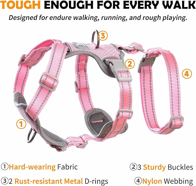 Huntboo Escape Proof Dog Harness – No Pull, No Slip, Fully Reflective, Adjustable 7-Point Design for Small, Medium, and Large Dogs – Lightweight for Outdoor Training & Hiking (Pink, L)