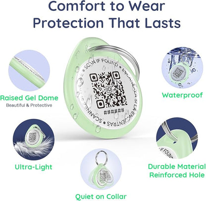 QR Code Dog Tag and Cat Tag, Scan to Reunite Faster, Waterproof and Durable, Lightweight and Quiet, Updatable Contact Info, Glow-in-The-Dark Green, 2 Tags in 1 Pack