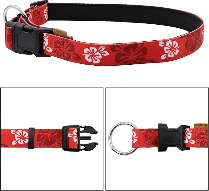 Dog Collar, Cute Floral Pattern, Neoprene Padded and Adjustable Collar with Quick Release Buckle, Reinforced Structure (L (Neck 18-28", Width 1"), Hawaiian Red)