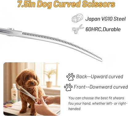 7.5in Curved Thinner Dog Grooming Scissors, 56 Teeth Professional Dog Cutting Scissors, 25 Degree Bend High-end Shears for Pet Groomers or Family Use, with Symmetric Handle, Thinning Rate 25%, Silver