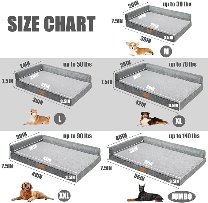 Patas Lague Orthopedic XL Dog Bed Large Sized Dog 42''X28'', Waterproof L Bolster Big Large Pet Sofa Beds with Removable Washable Cover, Soft Comfortable Pet Couch Crate Mat with Nonskid Bottom, Grey