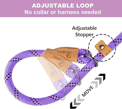 Heavy Duty Rope Dog Leash, No Pull Training Lead with Reflective Thread, Strong Comfortable Loop - Purple Stripe, Large(1/2")