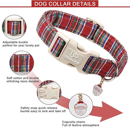 Christmas Plaid Dog Collar, Red and Blue Check Adjustable Pet Collar with Quick Release, Christmas Stripes Collar for Small Medium Large Dogs XL