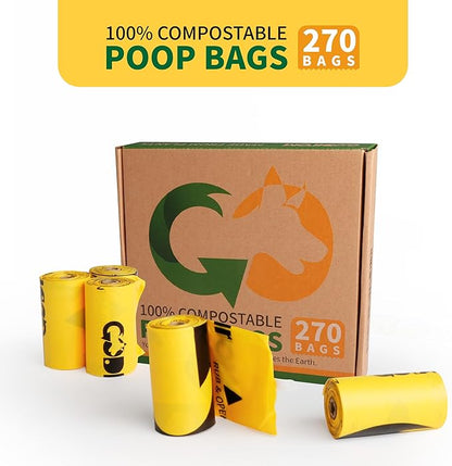 Certified 100% Home Compostable Poop Bags for Dogs, 270 Count Guaranteed Leak Proof and 18 Microns Extra Thick Waste Bag, 18 Rolls of Plant Based Doggie Poop Bag, No Scented with ASTM D6400 & EN13432
