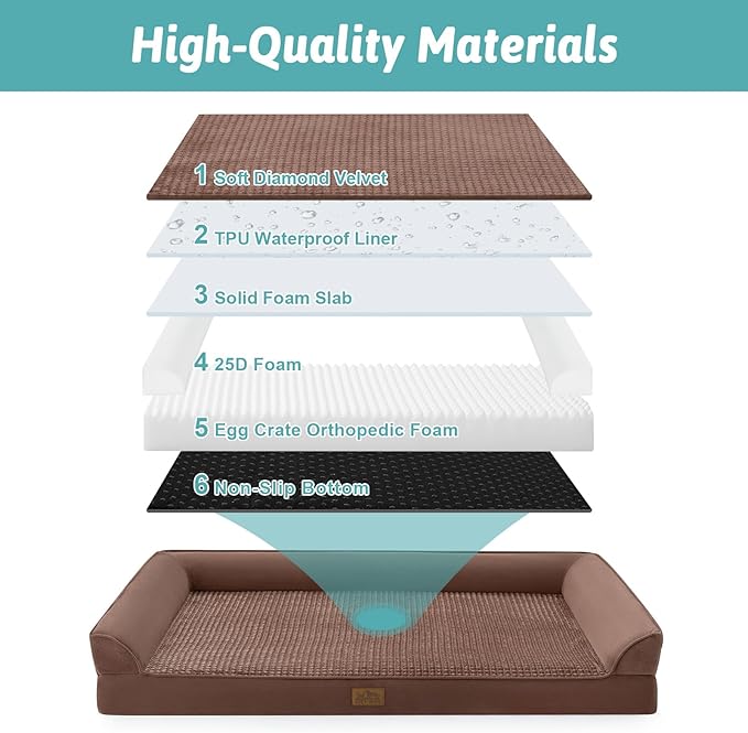 COZY KISS Orthopedic Dog Bed for Medium Size Dogs, Bolster Pet Couch with Waterproof Lining, Egg Crate Foam Sofa for Pets Up to 30 lbs, U-Shaped, 30x20x6.5 inch, Brown