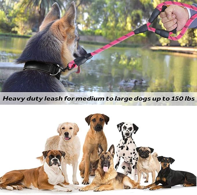 JSXD 5 FT Heavy Duty Double Handle Dog Leash with Comfortable Padded and Reflective Rope, for Small, Medium, Large Dogs (Rope-Pink)