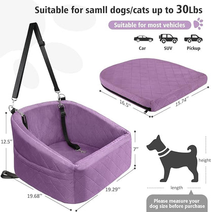 NEEZUKAR Dog Car Seat for Small Medium Dogs,Detachable Washable Dog Booster Seat Under 30lbs, Pet Car Seats Travel Bed with Storage Pockets and Safety Belt (Purple)