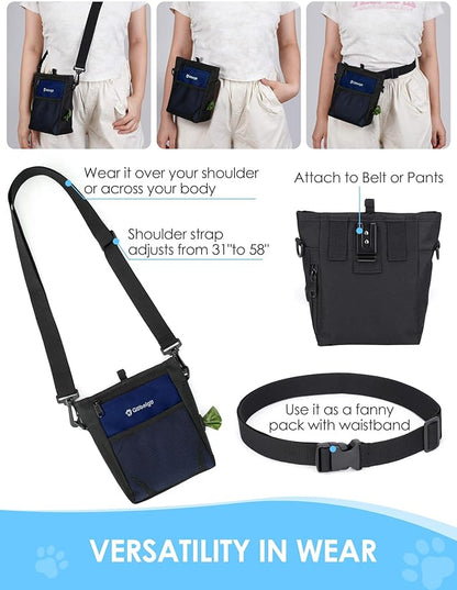 Gobeigo Dog Treat Pouch with Silicone Snack Bag, Front Pocket fits All Phones, 4 Cup Treat Bag with Training Clicker, Upgrade Stronger Magnetic Closure, 3 Ways to Wear Walking Fanny Pack (Navy Blue)