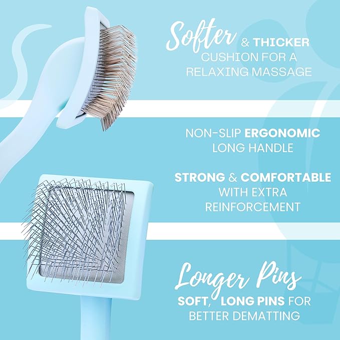 Pet Slicker Brush With Soft Massage Grooming Stainless Steel Pins - For Dematting, Shedding Fur, and Undercoat - Ideal Gift for Professional Pet Groomers - Long Slicker Brush (Blue, Curved Small)
