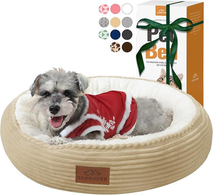 Zerbuger Cat Bed, 23In Dog Beds for Small Dogs, Calming Cat & Dog Beds for Indoor Pets, Pet Beds Comfortable Donut Round Ultra Soft (Camel, 23" L x 23" W x 6.5" Th)