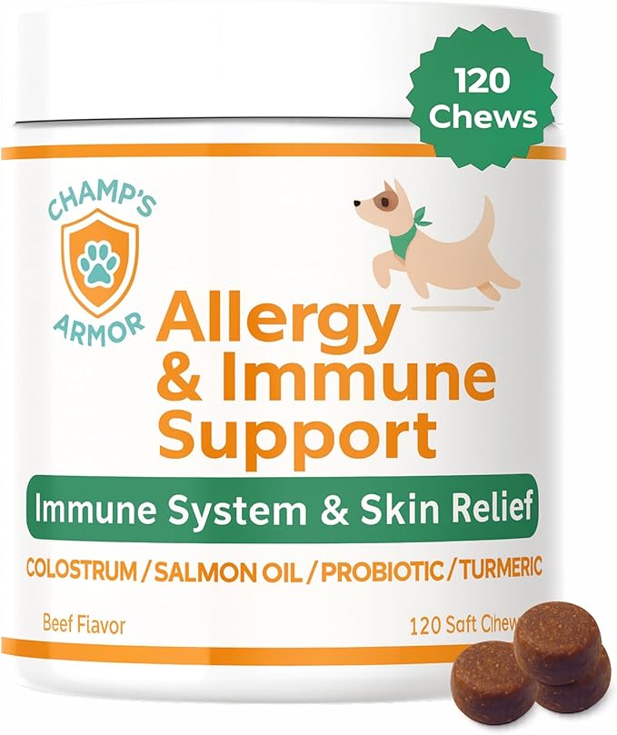 Allergy Relief for Dogs - Dog Itchy Skin & Dog Skin Allergies Treatment Chews with Natural Antihistamine, Colostrum, Salmon Oil, Probiotics for Seasonal Allergies Dogs - 120 Beef Flavor Soft Chews