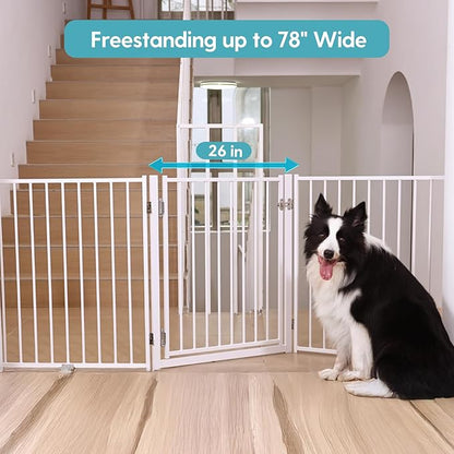 No Pawblems Free Standing Dog Gate with Door, 30'' Tall Foldable Dog Fence for Indoor & Outdoor, Up to 78 Inch Extra Wide Puppy Gate for Stairs, Hallways, Doorways, Deck, Yard (White, 3 Panels)