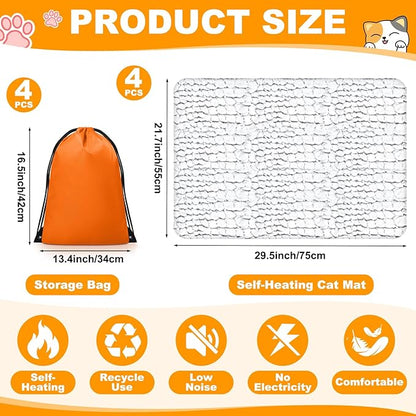 Riakrum 4 Pack Self-Warming Cat Beds with Storage Bags, 30" x 22" Soft Thermal Self Heating Pet Pads, Non-Slip & Washable Heated Mats for Indoor Outdoor Pet