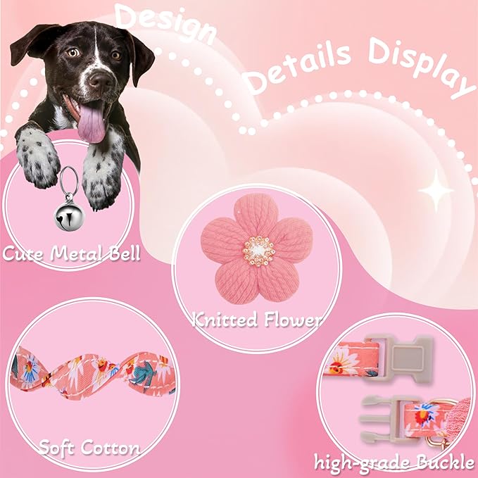 Large Dog Collar with Flower, Dog Collars for Large Dogs Collar for Girl Cute Dog Collar with Bell, Adjustable Length