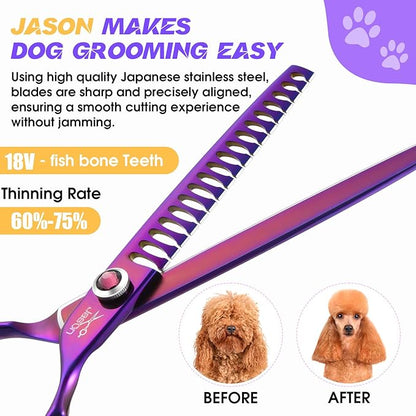 JASON Dog Scissors for Grooming - 7.5" Chunker Scissors for Dog Grooming, Japanese 440C Stainless Steel Chunking Shears with Diamond Adjustable Screw (18 Teeth, Purple) Christmas Gift