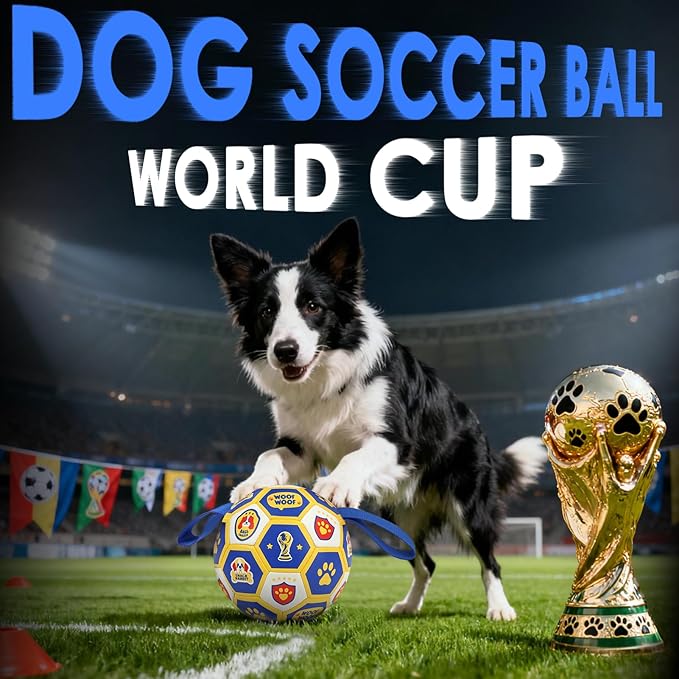 Vivifying Dog Toys Balls, Interactive World Cup Soccer Ball for Small Medium Dogs, Durable PU Enrichment Training Toy with Straps for Indoor and Outdoor Tug-of-War & Playing (6 Inches)