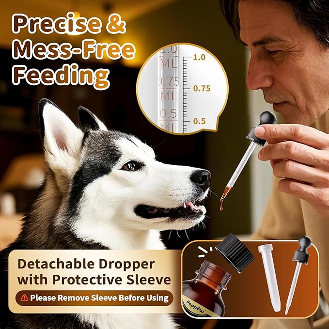 POPPAW Calming Drops for Dogs, Soothe Separation, Thunder & Fireworks Stress, Support Calmness, Focus & Cognitive Health, Promote Emotional Balance, for Dogs 12 Weeks+, Chicken Flavor, 1 FL.OZ